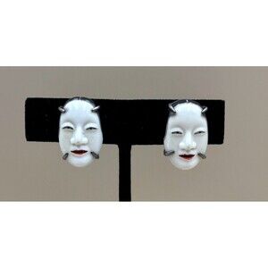 Rare Toshikane Japanese Screw back Earrings Noh mask Ko-Omote Arita Ware